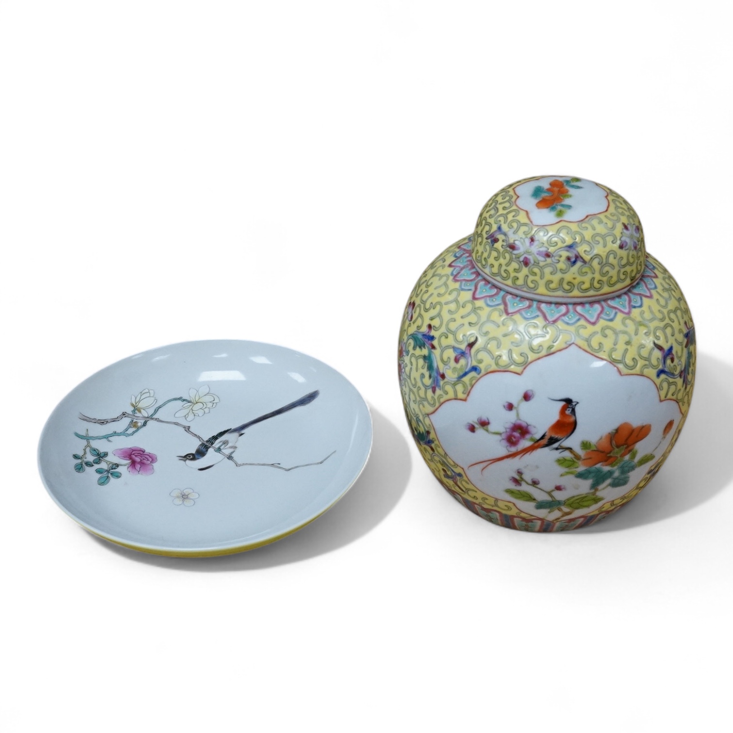 A Chinese yellow ground ginger jar and an enamelled saucer dish, largest 16cm high